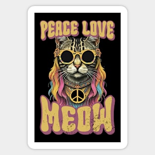 Peace Love Meow, Retro Groovy Style Hippie Cat Lover Design Sticker